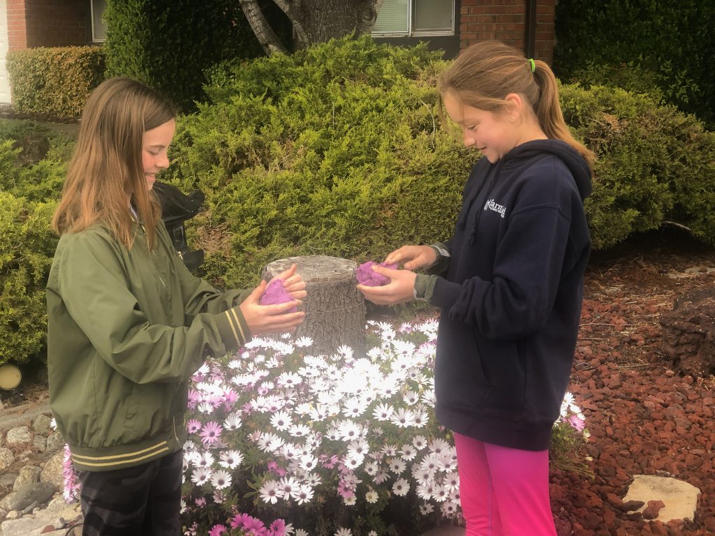 girls playing with play dough outside near a bed of daisies